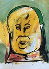 A broad yellow face outlined in black, with layered white marks against a green background.