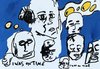 Black-outlined faces and yellow shapes on a blue and white background, with the words I WAS ON TIME.