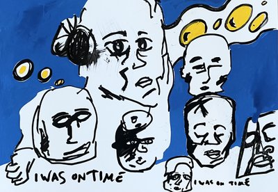 Black-outlined faces and yellow shapes on a blue and white background, with the words I WAS ON TIME.
