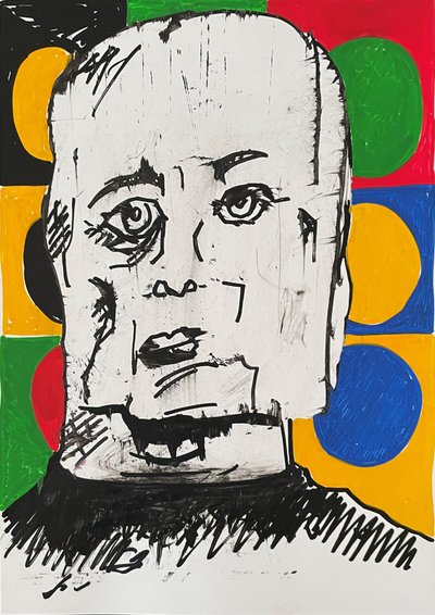 A pale rectangular face outlined in black, framed by yellow, green, red and blue rounded shapes.