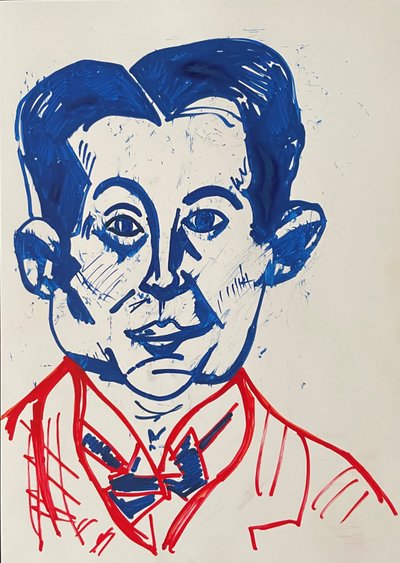 A blue-lined portrait with swept-back hair and a red-outlined collared shirt on white paper.
