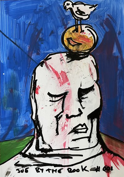 A white elongated face topped by a yellow face and a small bird, against a deep blue background.